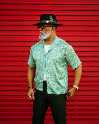 Southern Gents Ferguson Fedora - Black Green Camp Collar Shirt - Geometric Jungle 